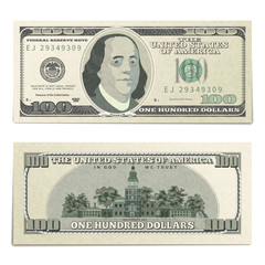 Wall Mural - Realistic dummy one hundred USA dollars banknote, front and back detailed coupure on white