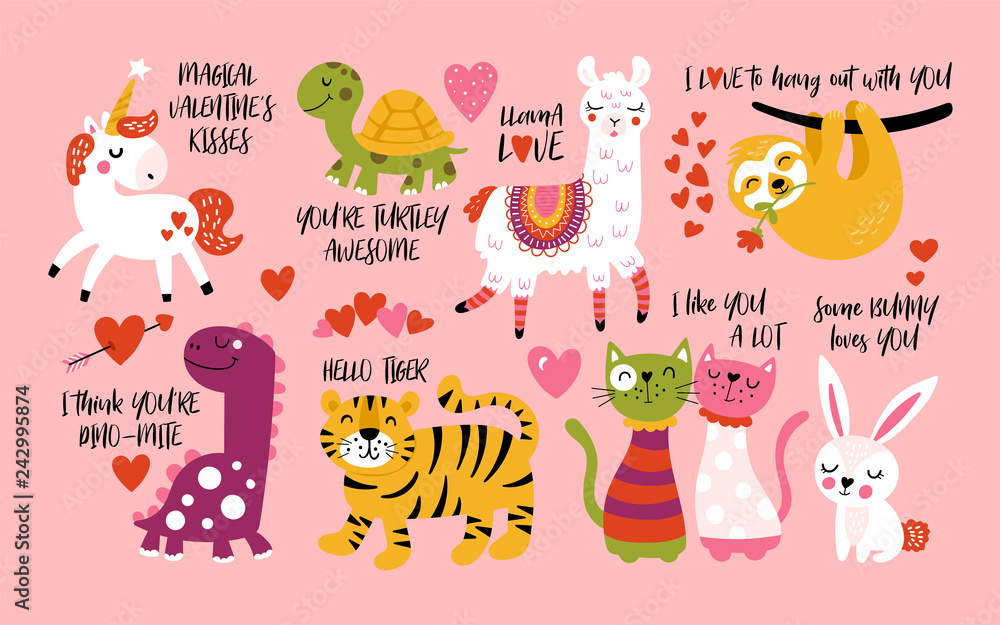 Valentine's day cute animals set with llama, sloth, unicorn, cats, dinosaur, bunny, tiger and turtle. - obrazy, fototapety, plakaty 