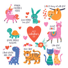 Valentine's Day Cute Animals Set With Llama, Sloth, Unicorn, Cats, Dinosaur, Bunny, Tiger And Turtle