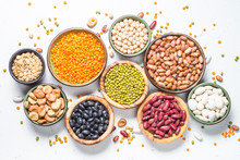 Legumes, Lentils, Chikpea And Beans Assortment On White.