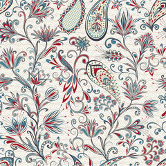 Abstract vintage pattern with decorative flowers, leaves and Paisley pattern in Oriental style.