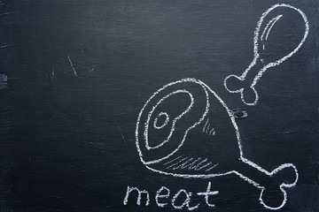 Wall Mural - Meat chalk drawing on black board, copy space