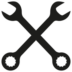 Vintage crossed wrench (spanner) icon in black style, simple shape, for graphic design of logo, emblem, symbol, sign isolated on white background. Vector illustration.