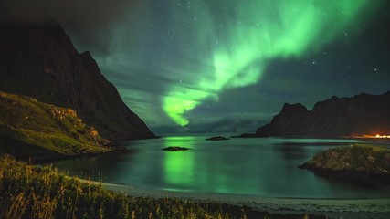 4k timelapse movie film clip of aurora borealis in lofoten islands, norway. aurora. green northern l