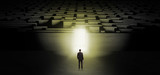 Fototapeta Perspektywa 3d - Businessman getting ready to enter the dark labyrinth with illuminated door
