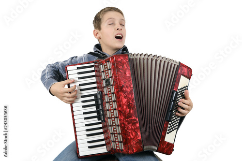 Fényképezés Young Accordionist Singing And Playing Harmonica Isolated On White Background