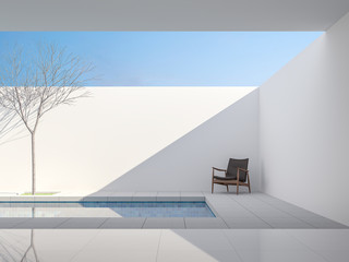 Minimal white style pool villa 3d render,View from living room to pool terrace ,There are gray tile floor,decorate with dark brown leather chair ,Brightness sunlight shining into inside.