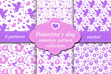 Wall Mural - Happy Valentine s Day seamless pattern set. Collection Cute romantic love endless background. Cupid, heart, flowers, couple repeating texture. Vector illustration.