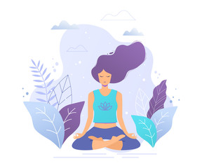 Woman sitting in lotus position practicing meditation. Yoga girl vector trendy illustration.