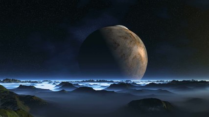 Wall Mural - Two Moons over Misty Planet. Two planets rotate in the dark starry sky. In the lowlands of dark hills and mountains lies a thick white fog. Horizon in the fog. 