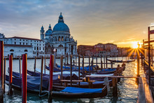 Sunset Sunflare Gondolas On Grand Canal In Venice