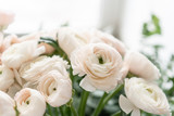 Persian buttercup in glass vases. Bunch pale pink ranunculus flowers light background. Wallpaper. Winter season flowers
