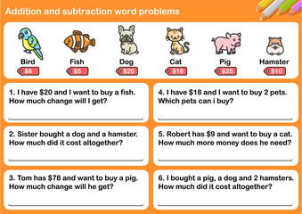 Wall Mural - Addition and Subtraction word problems - Worksheet for education.