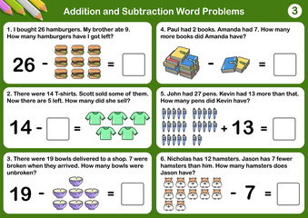 Wall Mural - Addition and Subtraction word problems - Worksheet for education.