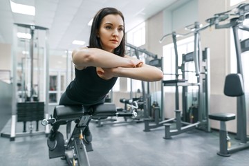 Wall Mural - Young athletic woman exercising on the machines in modern sport gym. Fitness, sport, training, people, healthy lifestyle concept.