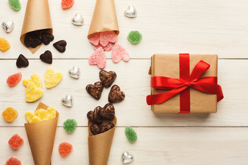 Wall Mural - Lovers day background with various sweets and giftbox