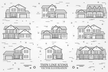 Sticker - Set of vector thin line icon suburban american houses. For web