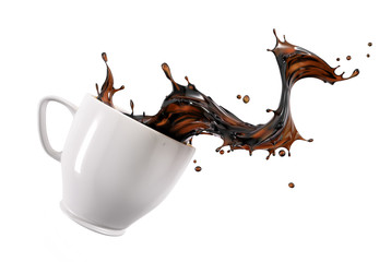 Liquid coffee wave splashing out from a white cup mug.