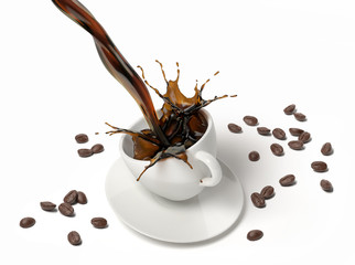 Wall Mural - Liquid coffee pour and splash in a white cup on saucer.