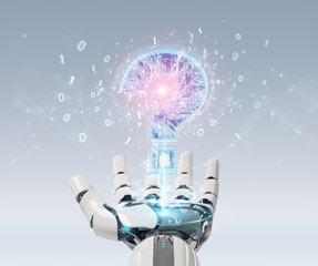 Fototapete - Cyborg solving problem with digital question marks 3D rendering