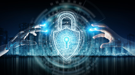 Fototapete - Robot hand and human hand touching digital padlock security 3D rendering