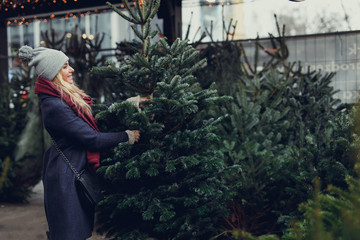 Pretty blonde girl looking for perfect Christmas tree to buy on the tree shop, outdoor. Girl using hand for check the quality, copy space - Image