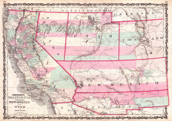 Fototapete - Map of California, Nevada, Utah, Colorado, New Mexico and Arizona, Johnson 1862