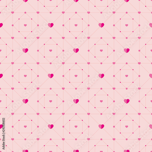 Seamless vector pattern of pink hearts on a background of geometric elements....