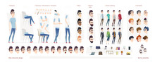 Young Man Character For Your Print, Web And Motion Design. Creation Kit. Set Of Flat Male Cartoon Character Body Parts.