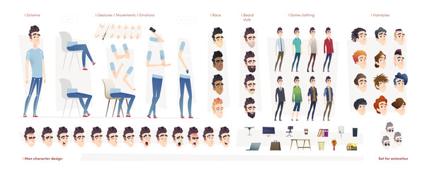 young man character for your print, web and motion design. creation kit. set of flat male cartoon ch