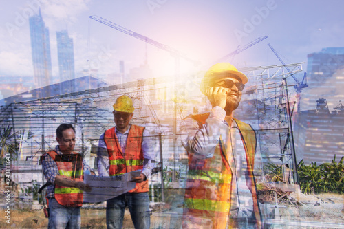 Fotografie, Obraz double exposure engineer talking and planning on building and construction site