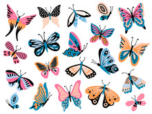 Hand Drawn Butterfly. Flower Butterflies, Moth Wings And Spring Colorful Flying Insect Isolated Vector Collection