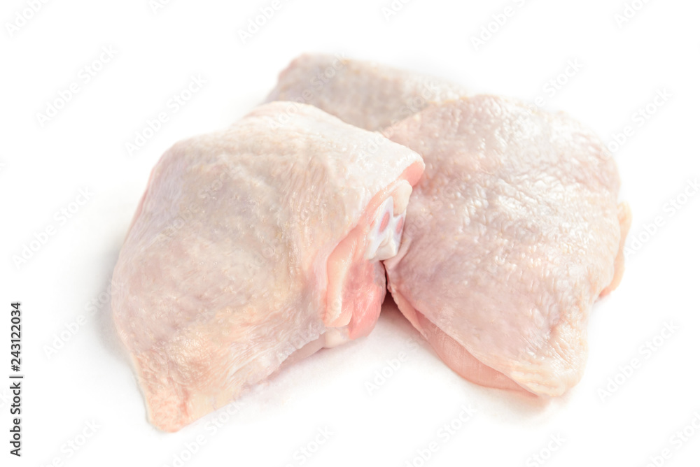 Raw chicken thighs isolated on white background. - obrazy, fototapety, plakaty 