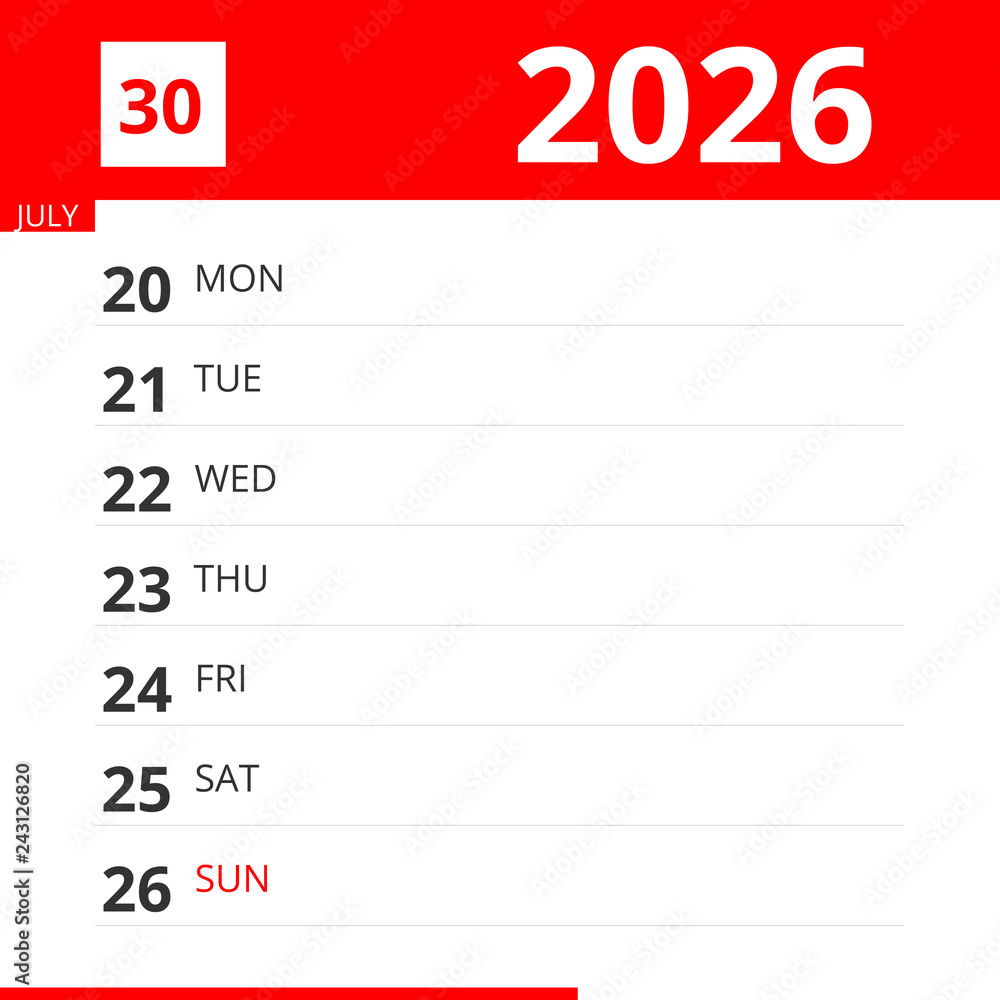 Calendar planner for Week 30 in 2026, ends July 26, 2026 . Stock ...