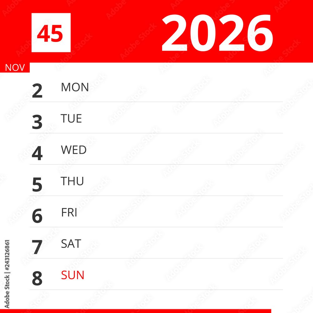 Calendar planner for Week 45 in 2026, ends November 8, 2026 . Stock ...