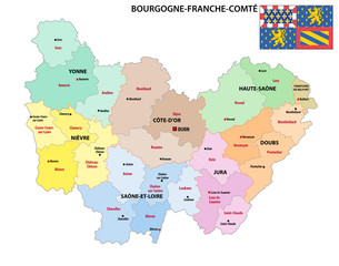 Wall Mural - administrative map of the new french region Bourgogne-Franche-Comte with flag