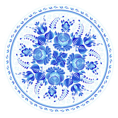 Wall Mural - Blue round floral ornament in Russian gzhel style, vector plate print template