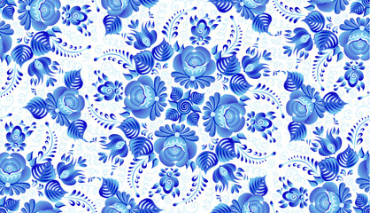 Wall Mural - Blue painted flowers in Russian gzhel style vector floral vintage style seamless pattern tile