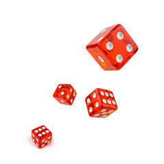 Wall Mural - Four red dice isolated on white. Six and flying in the air, view from above.