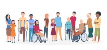 Handicapped People. People With Disabilities Happy Friendly Family. Disable Injury Persons With Assistants. Vector Characters