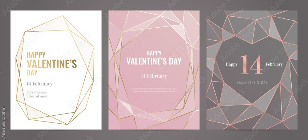 Valentines Day poster Luxury template with gold frame. Invitation template. Geometric shape. - obrazy, fototapety, plakaty 