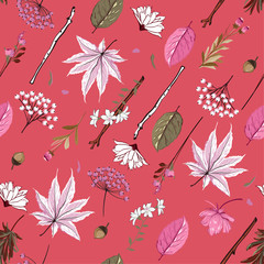 Wall Mural - Bright Automn Diagonal on seamless pattern vector  hand drawn elements motive,leaves,flowers,nuts,branch,for fashion fabric and all prints