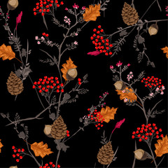 Wall Mural - Seamless vector Dark autumn pattern with red and orange berries,pine cone,nuts,flowers  and leaves. Fall colorful floral background.pattern for fashion,fabric and all prints