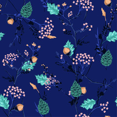 Wall Mural - Trendy Fresh Autumn pattern with  berries,pine cone,nuts,flowers  and leaves Seamless vector . Fall colorful floral background.pattern for fashion,fabric and all prints