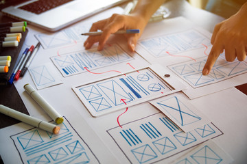 ux Graphic designer creative  sketch planning application process development prototype wireframe for web mobile phone . User experience concept.