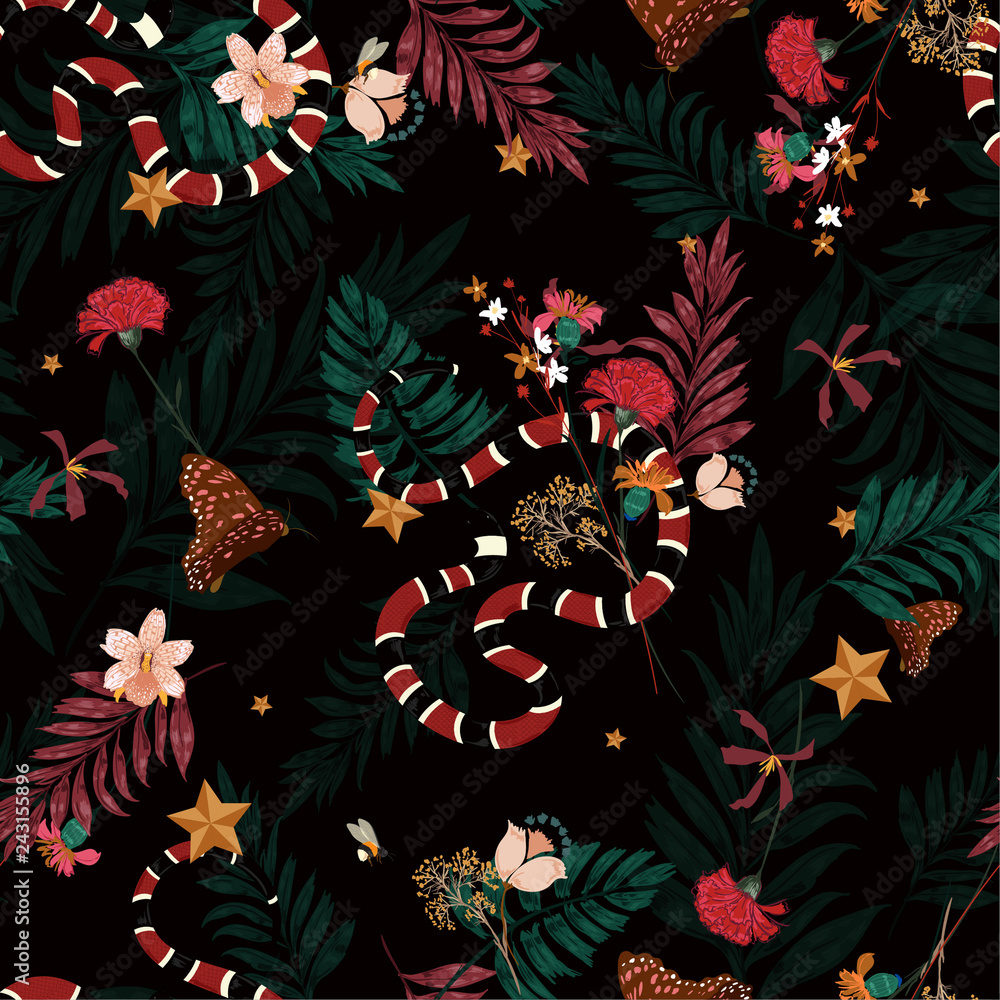 Beautiful dark forest in seamless pattern vector with snake , wild ...