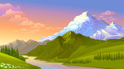 Wall Mural - The sun setting on the icy mountains, hills covered with green meadows and fresh water.