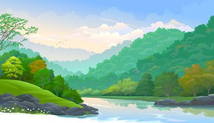 Wall Mural - clean and fresh river flowing down from the mountains through a thick forest.