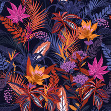Colorful High Contrast Summer Night Wild Forest Full Of  Blooming Flower In Many Kind Of Florals Seasonal Seamless Pattern Vector ,hand Drawing Style For Fashion, Fabric And All Prints