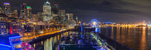 Seattle Waterfront View With Urban Architecture At Night